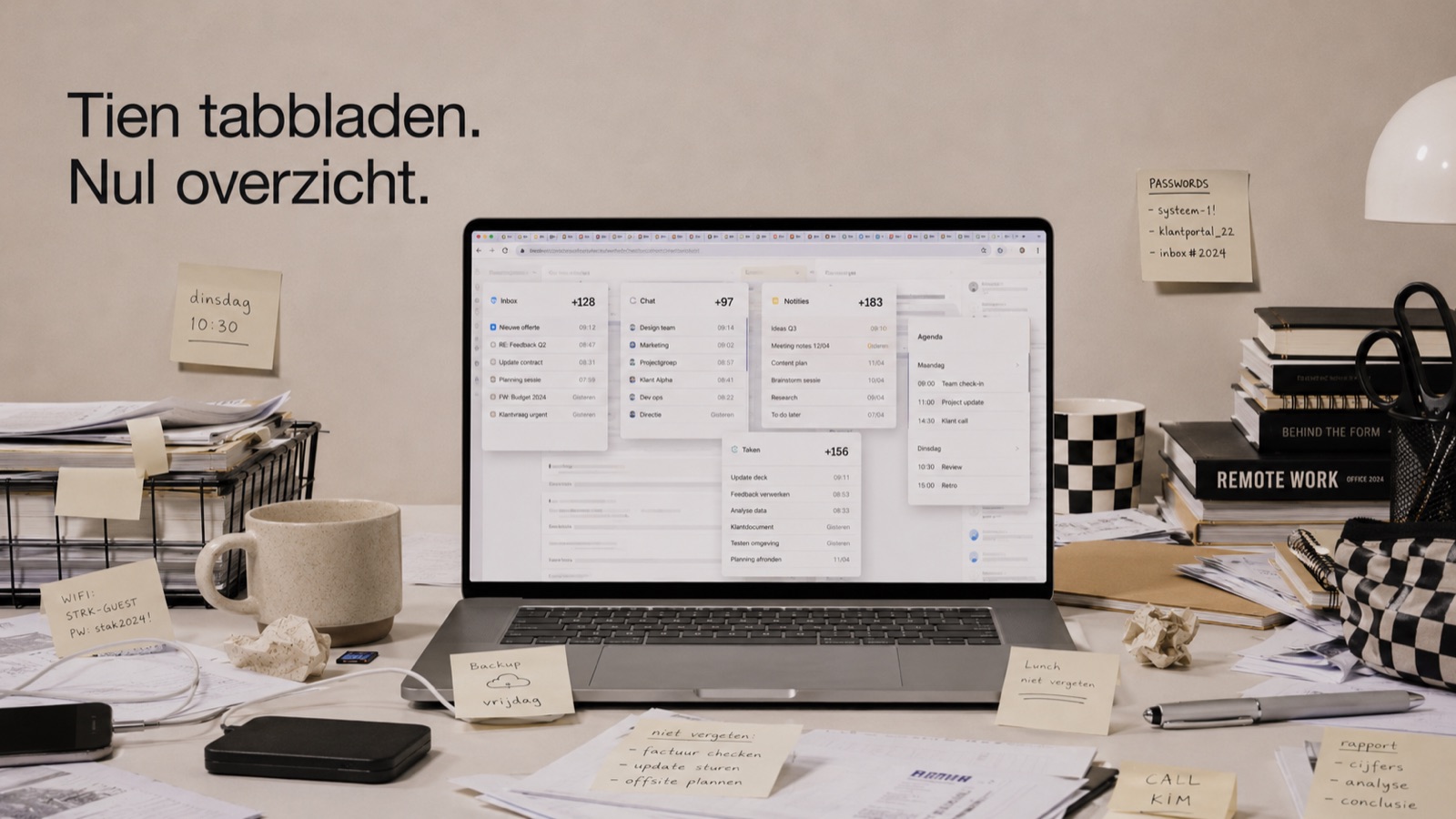 Tien tabbladen. Nul overzicht.