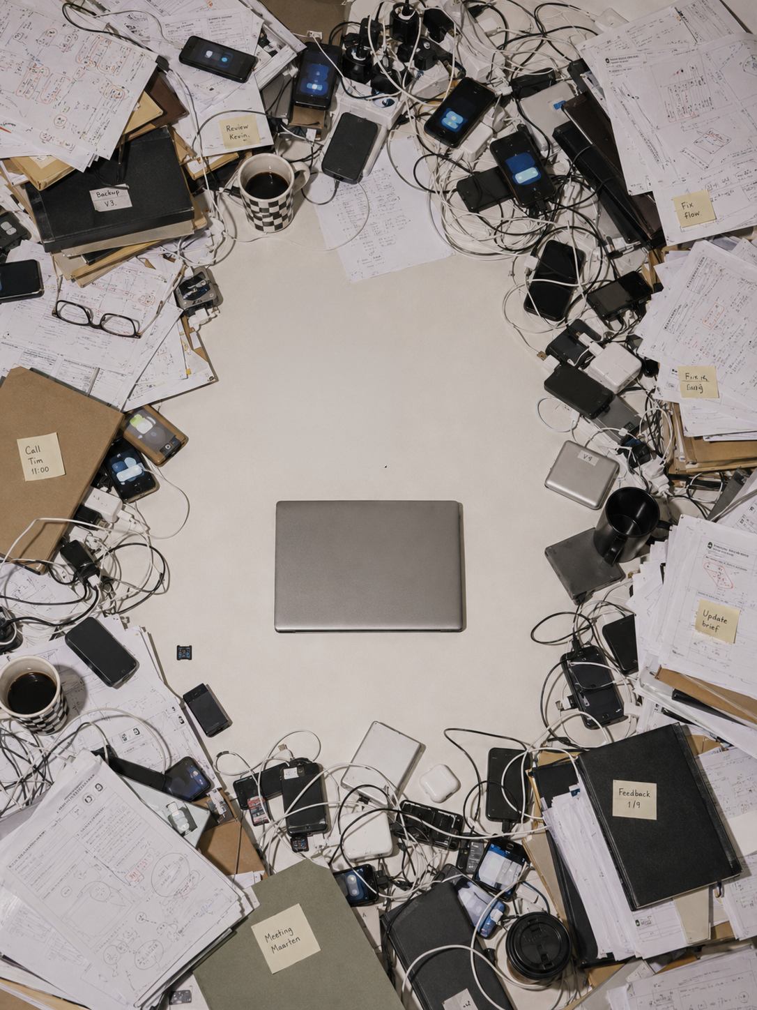 Een bureau bedolven onder papier, kabels, telefoons en koffiebekers.