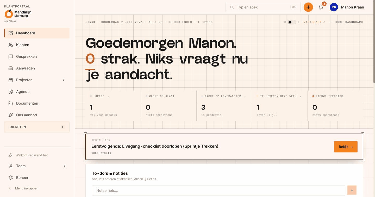 De cockpit van een bureau in STRAK: klanten, taken, websites en social op één plek